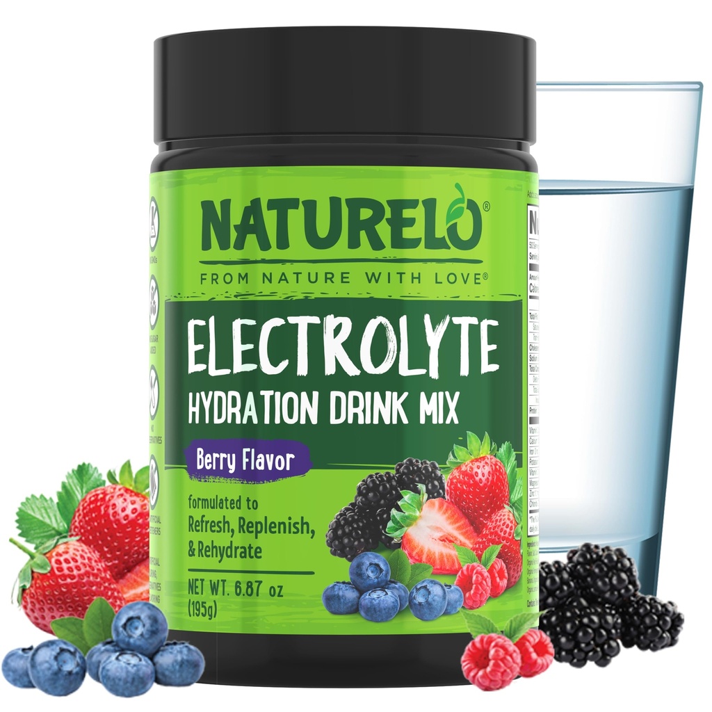 Naturelo Elektrolitni prašek, Hidracija in mineralna pijača Mix, brez sladkorja in brez GMO Berry Flavor 50