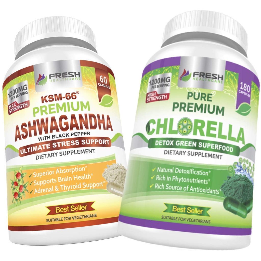 SVEŽA ZDRAVSTVENA KARARA Ashwagandha KSM 66 in Chlorella Detox Superfood - Bundle