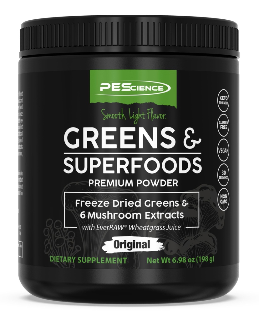 PEScience Greens Powder Superživila z naravnim klorofilom, Reishi & Turčija Repni gobji praški, zamrzovalni kal, spinač, brokoli sprouti, Original Flavor, 30 Servings