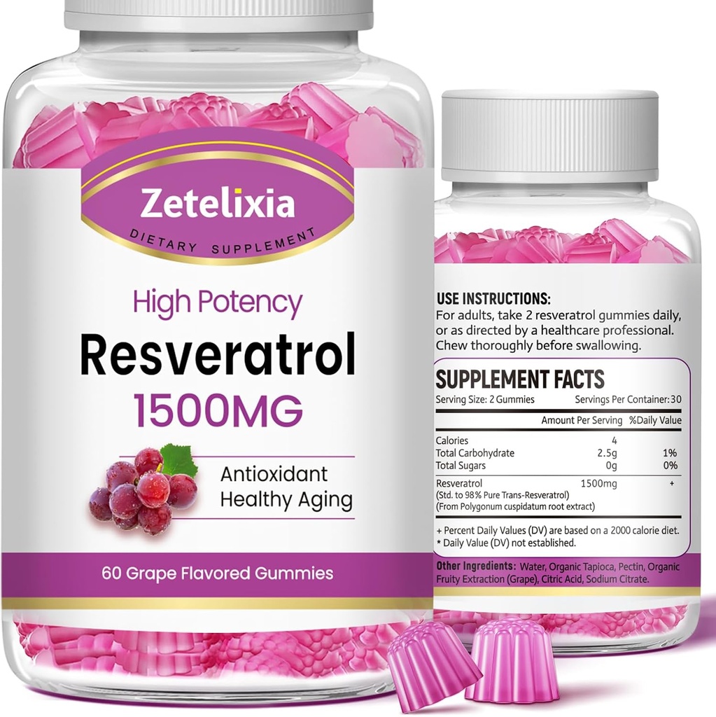 Sladkor brez Resveratrol Gumies - Visoka čistost Resveratrol dodatek za antioksidant, zdravo staranje, kožo, možgane, organske - 120 Gumies