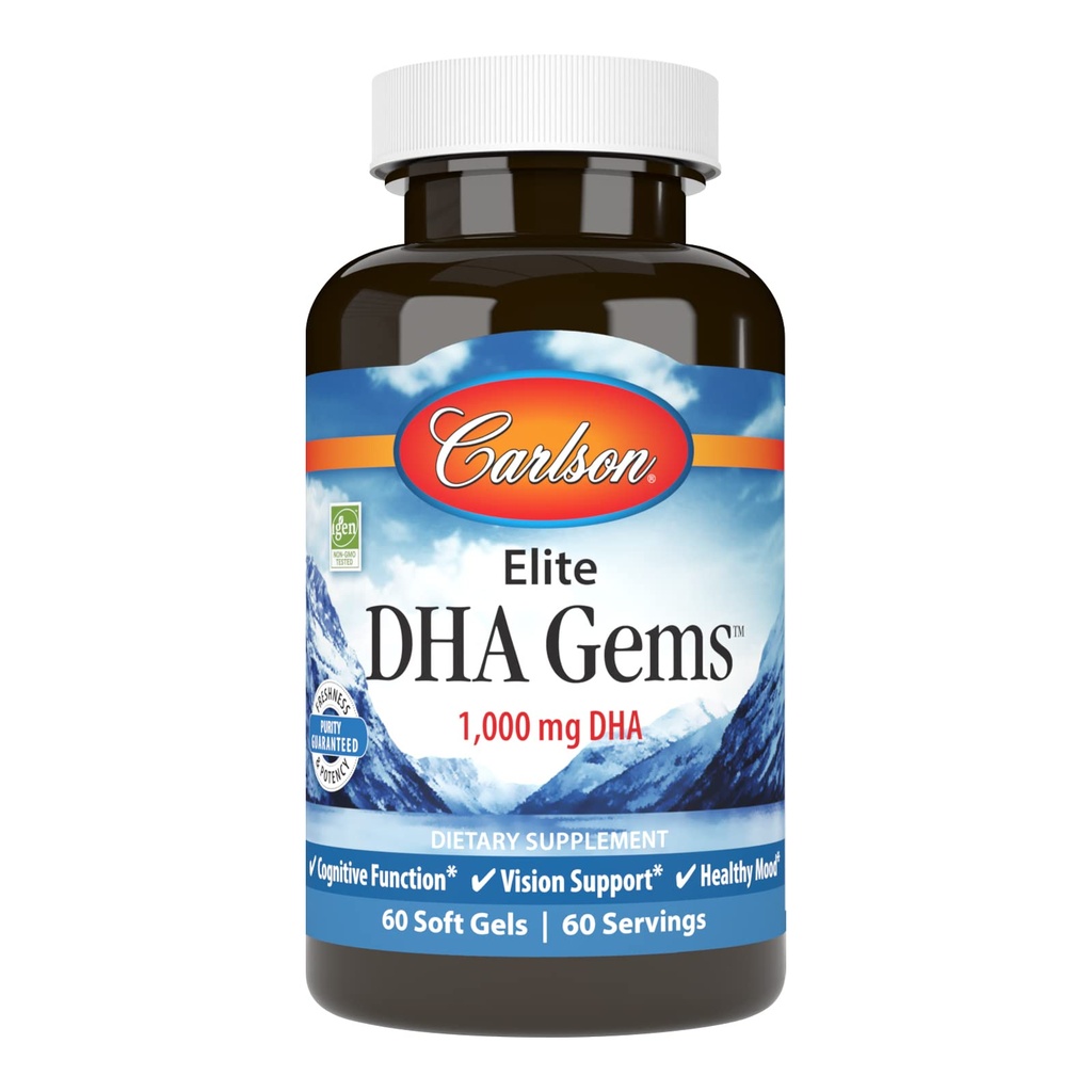 Carlson - Elite DHA Gems, 1000 mg DHA, Divji ujet, trajno pridobljene, Možganske funkcije in zdravo vizijo, 60 Softgels
