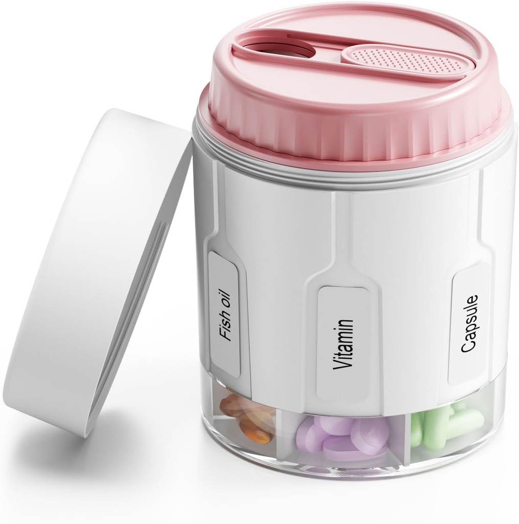 Daviky tablete Organizator steklenic, Dopolnilo Organizator s 7 Velikimi oddelki, potovalne tablete Dispenser okrogle tablete škatla z dvema lids(Pink