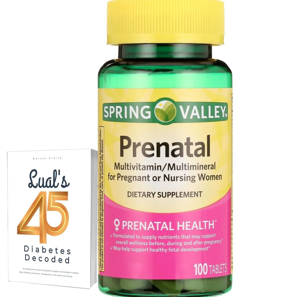 Spring Valley Prednatal Multivitaminske 100 tablete, Prenatal Vitamini za ženske, Nosečnost mora imeti Folate dodatek, paket z Luall je 45 diabetes dekodirani