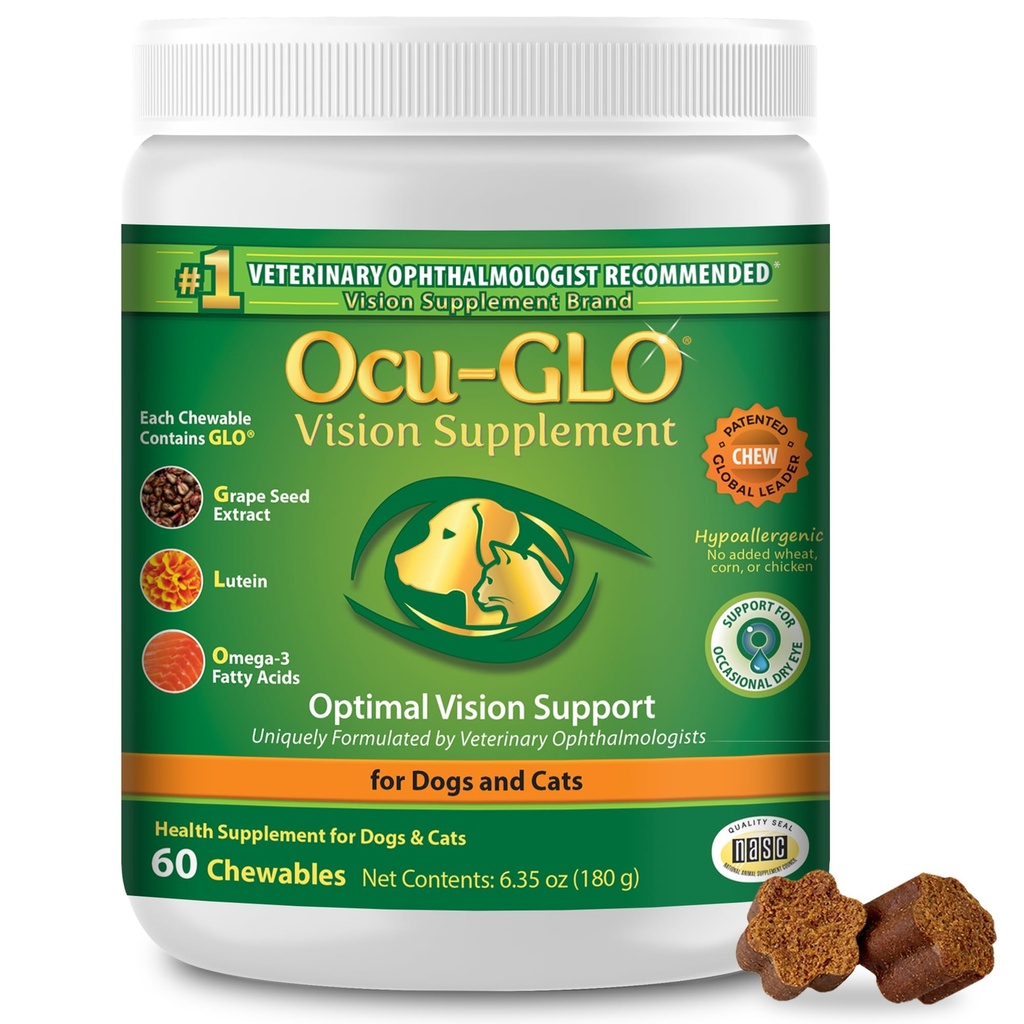 Ocu-GLO Cat & Dog Senior Supplement for Eye Support - Žvečljiva vizija Vitamini Dodatki za velike in majhne hišne ljubljenčke nego z luteinom, Omega-3 Maščobne kisline, grozdni semenski ekstrakt in antioksidanti