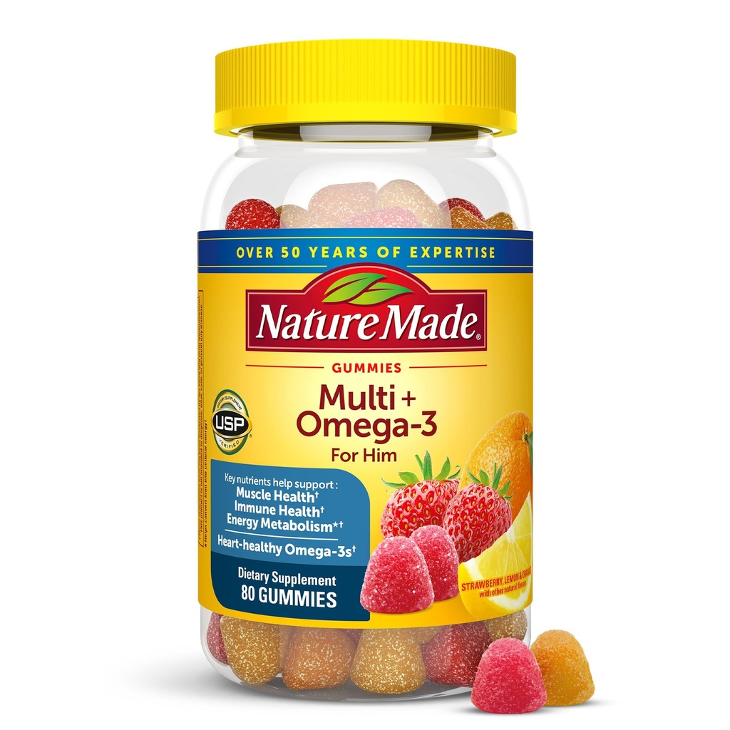 Narava Made Mens Multivitaminski Gummies z Omega-3, Mens Gummy Multivitamini za dnevno prehransko podporo, 80 Gummy Vitamini in minerali, 40 Day Supply