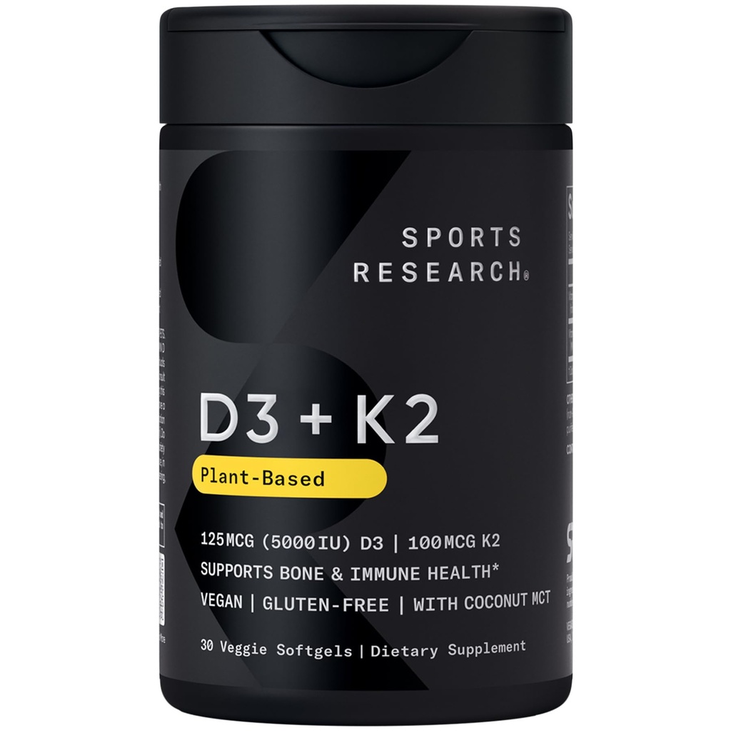 Športne raziskave Vegan Vitamin D3 + K2 dodatek z organskim kokosovim oljem - 5000iu Vitamin D s 100mcg Mk7 Vitamin K - Podpira kalcij za močnejše kosti in imuno zdravje - 30 Softgels za odrasle