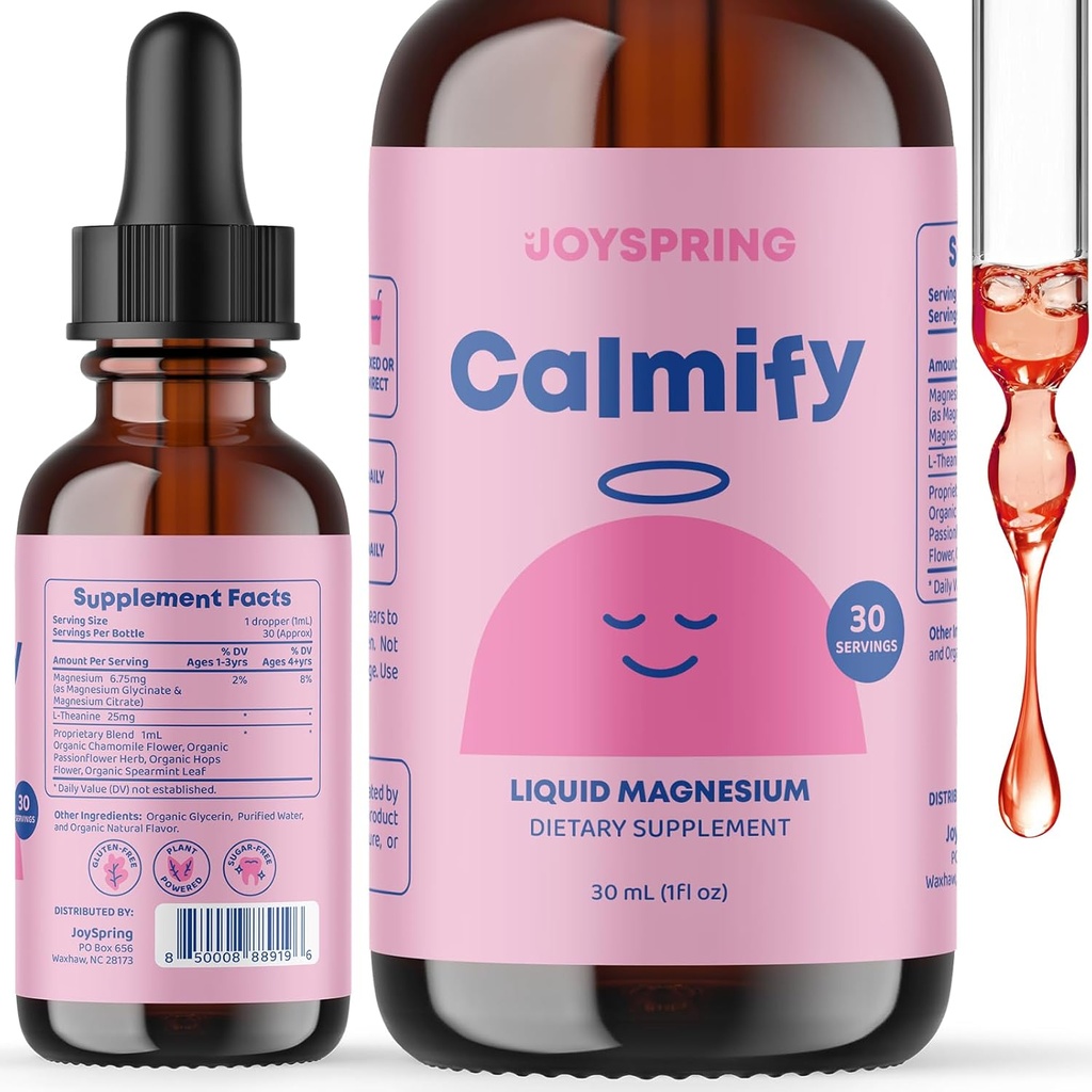 JoySpring Calify Magnezijev Citrat Tekočina za otroke - Sugar-free, Gluten-free Caliring dodatek s kamilico - Naravna podpora za otroke in najstnike (1 fl oz) 30 Serving