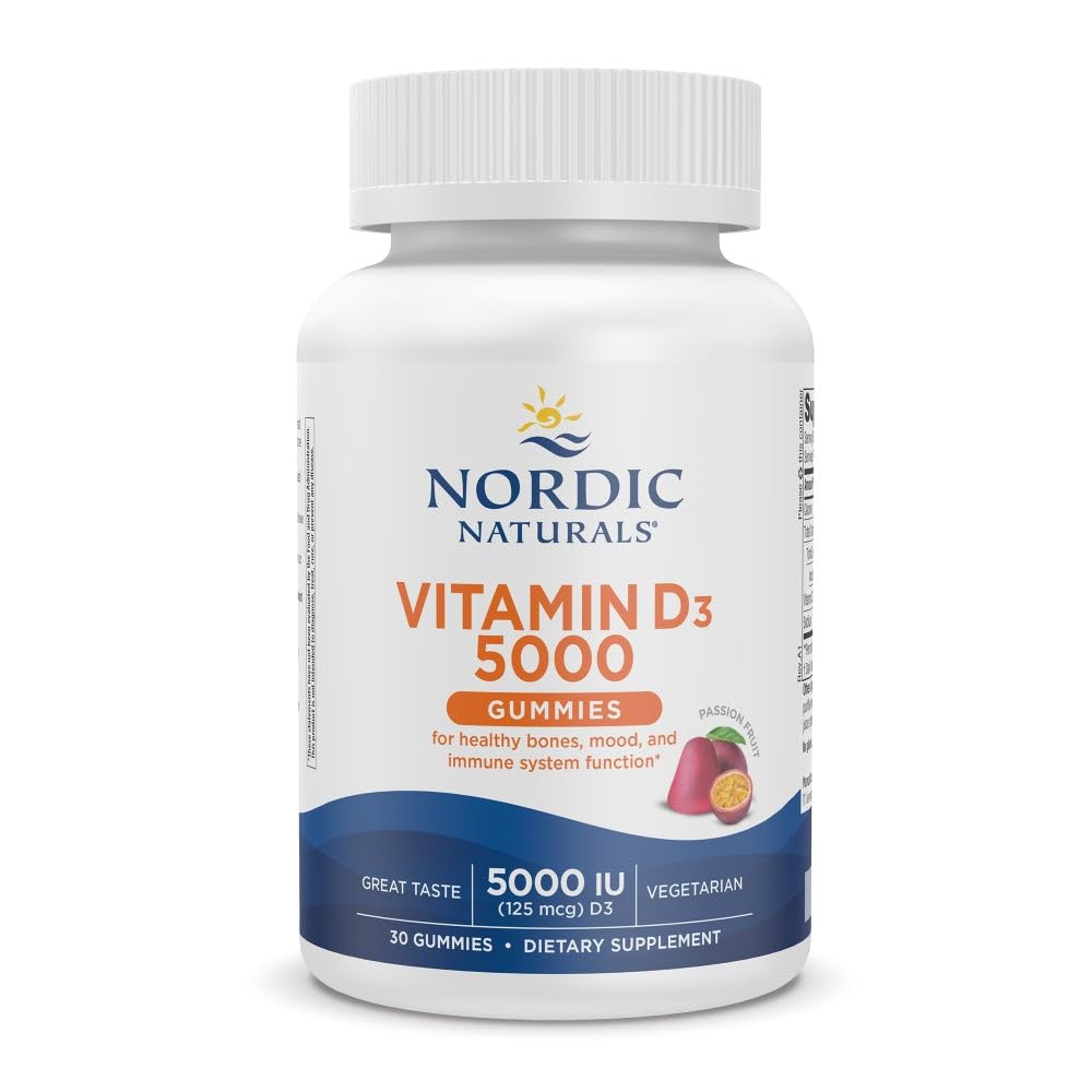 Nordic Naturals Vitamin D3 5000 Gummies, Passion Sadje - 30 Gummies - Podpora za zdrave kosti, Mood, & Imunski sistem - Vegetarian - Non-GMO - 30 Serving