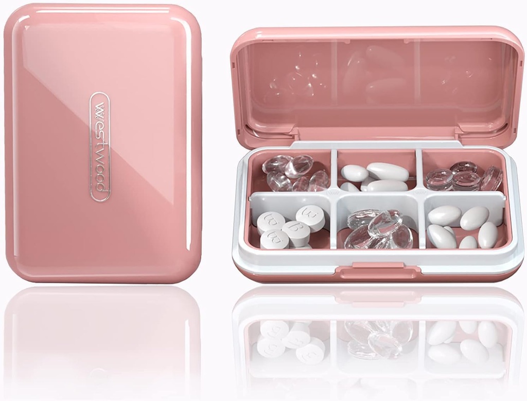 Organizator potovalne tablete Vlažne vodoodporne majhne tablete Škatla za žepno torbico 6 Kompartmenti Prenosne tablete Case Medicine Vitamin Holder Container, Roza