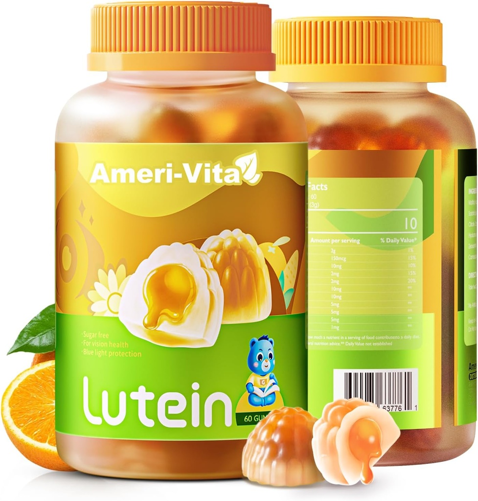 Sladkor brez lutein 5mg Gumies za zdravje oči: z 1mg Zeaksantin, Lutein dopolnila oči vitamini Polnjene gumijaste lutein dodatek za vid in zaščito modre svetlobe, Orange aroma, 60 Count
