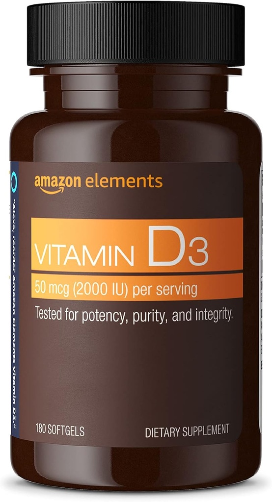 Elementi Vitamin D3, 2000 i.e., 180 Softgels, 6 mesec dobave (Packaging se lahko razlikuje), Podpira močne kosti in imunskega zdravja