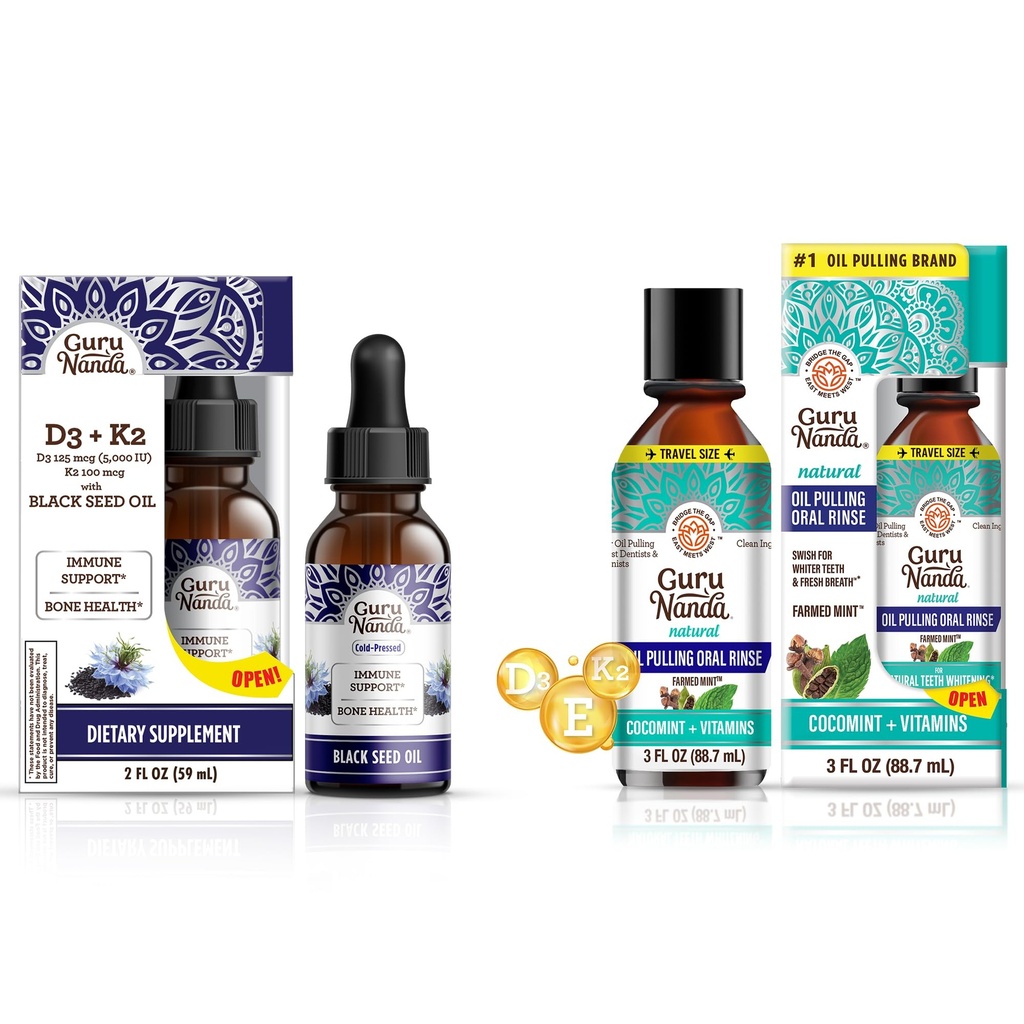 GuruNanda Black Seed Oil 5000 i.e. vitamin D3, K2 & E + kokosovo olje Vlačenje z eteričnimi olji Vitamin D3, E, K2 za imuno podporo, oralna higiena