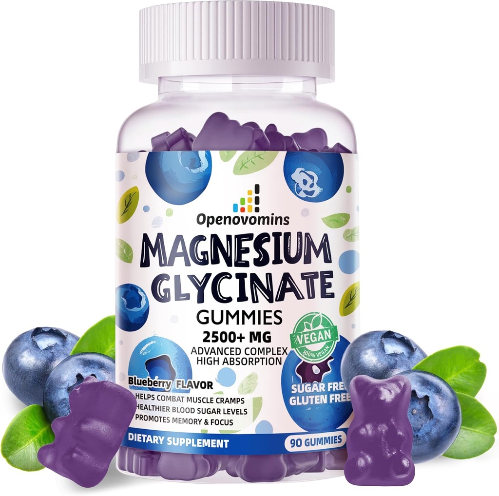 Magnezij Glycinate Gumies 2500mg - brez sladkorja Magnezij Kalij dodatek z vitaminom D, B6, CoQ10 za mirno Mood in podporo za spanje - 90 borovnic