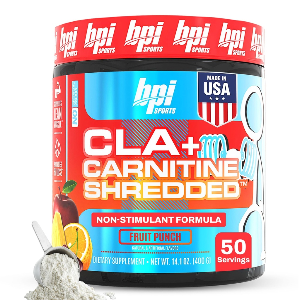 BPI Sports CLA + Carnitine Shredded - Pretvorite maščobne celice v energijo in podpira Lean Muscle, Boost Presnova - Nestimulant L-Carnitine dodatek - Sadje Punch (14,1 oz. / 50 Servings)