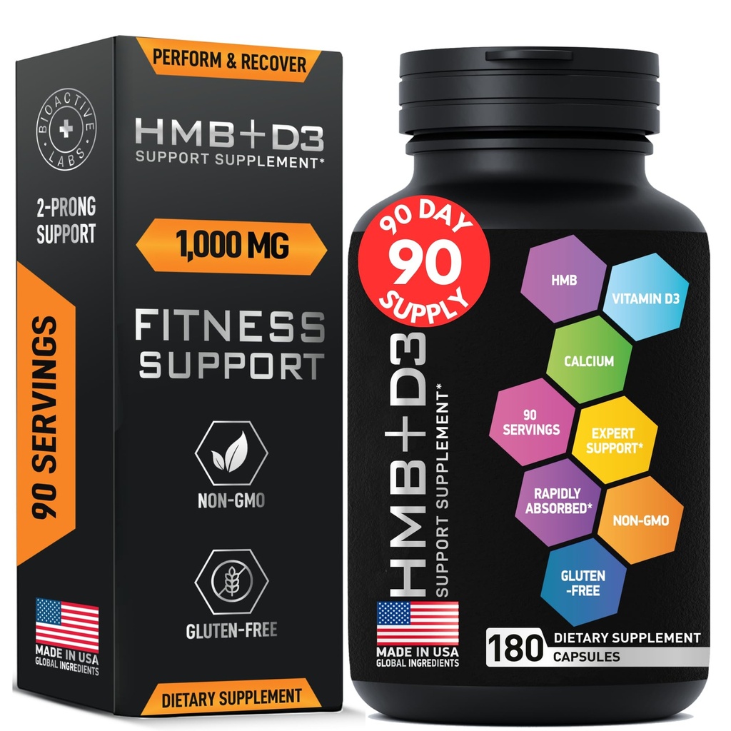 HMB dopolnila z vitaminom D3 - 1.000 mg kalcijev beta-hidroksi beta-metilbutirat na odmerek za mišično rast, moč in regeneracijo - 180 kapsul brez glutena, brez GMO HMB, 3-mesečna zaloga