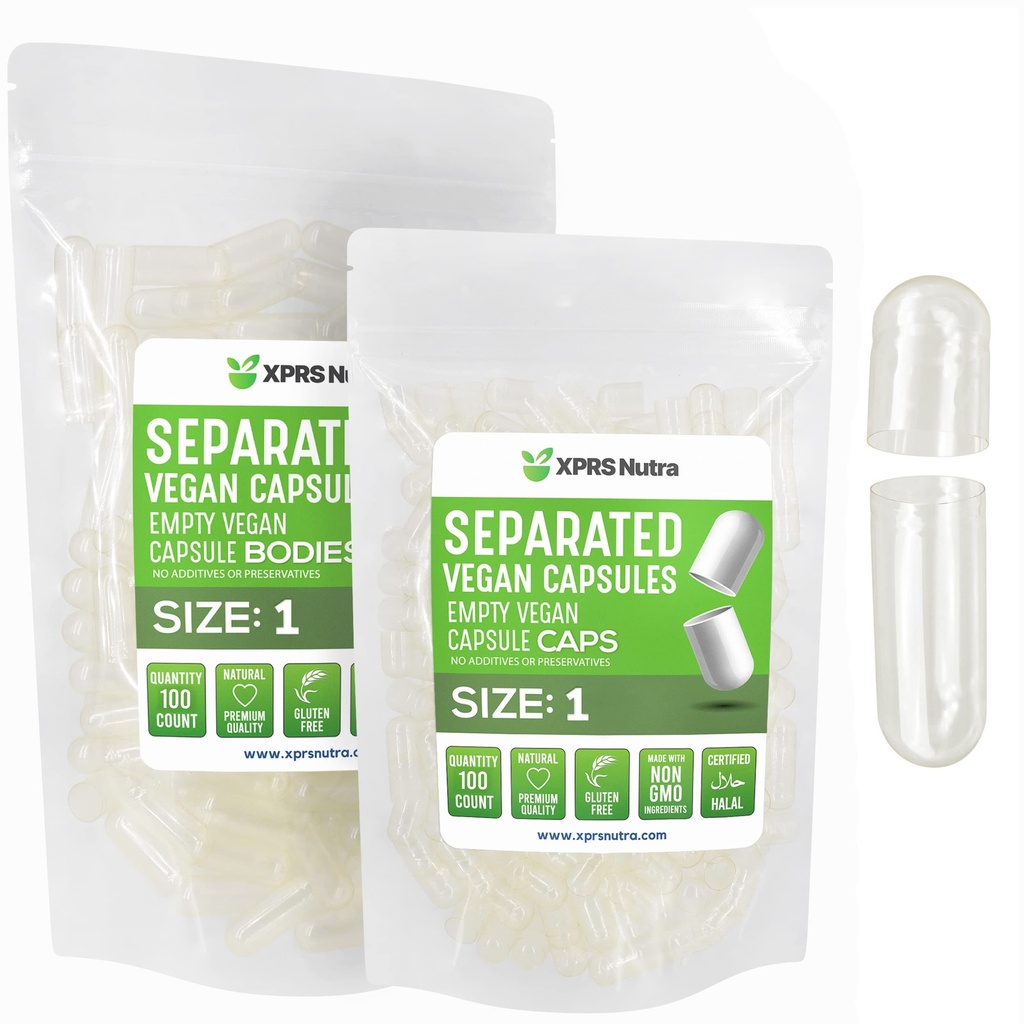 XPRS Nutra Vegan velikost 1 Ločene kapsule - 100 Štetje Jasno Premium prazne kapsule Ločene v vrečkah - Tablete 1 Prazno za DIY polnjenje