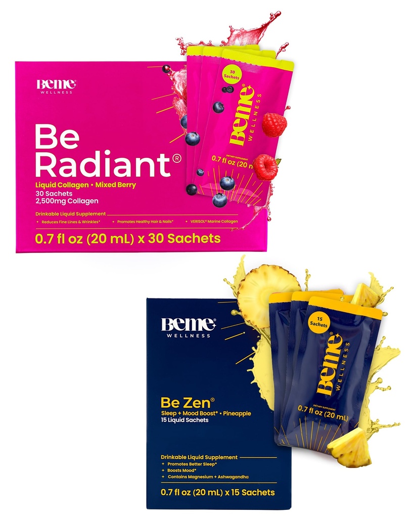 BeMe BeRadiant Berry & BeZen Bundle - Tekoči kolagen & magnezij Glicinat L-teanine dodatki