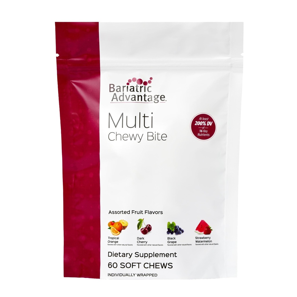 Bariatrične prednosti Multi Chewy Bite - Soft Chew Multivitamin za bolnike z bariatrično kirurgijo - Žvečljivi multivitamin s folno kislino, vitamin D3 & več - Razvrščeni sadni okus - 60 Count
