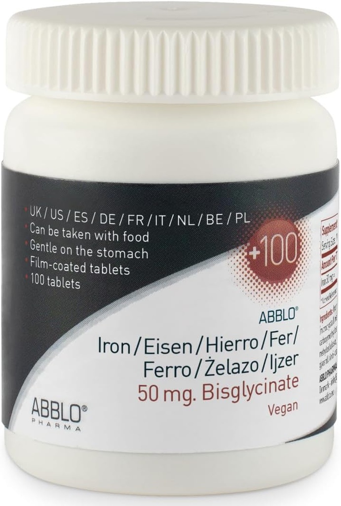 50mg. železov BISGLYCINATE (100 enot) ABBLO je Nežen na The Stomach & Lahko se vzame s hrano.