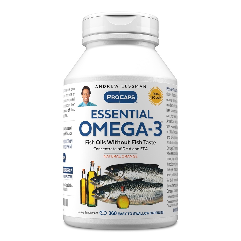 ANDREW LESSMAN Essential Omega-3 Orange - 360 Softgels - Ultra-Pure, Omega-3 Oils. Visoka DHA, brez želodčne vstaje, brez onesnaževalcev, brez živega srebra. Majhen, enostaven za požiranje softgels