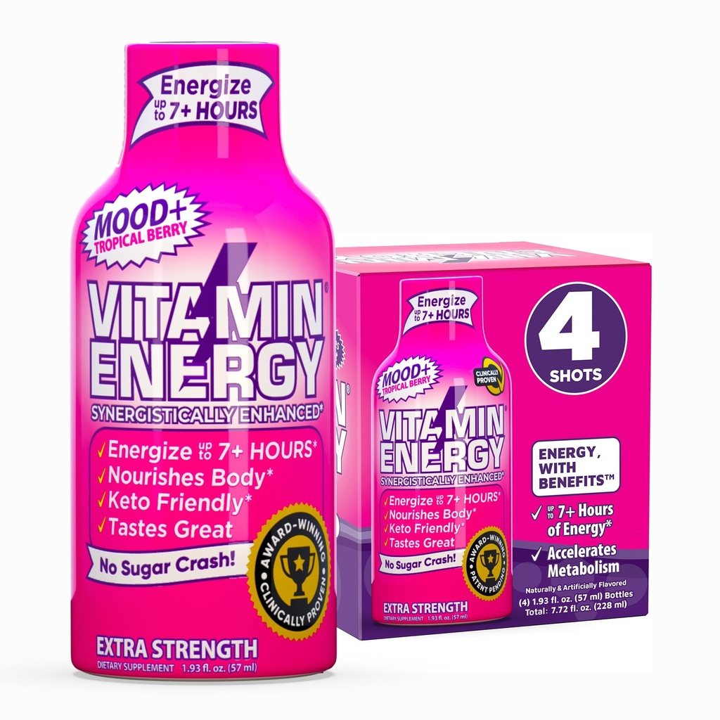Vitamin Energija Mood+ Ekstra Energija Shot Tropical Berry 4 Pack, 260mg Naravni kofein, B-vitamini, Rhodiola, Kamilica, Mood & Energy Podpora, Nič sladkorja, Gluten-free, Vegan, 1,93 fl oz