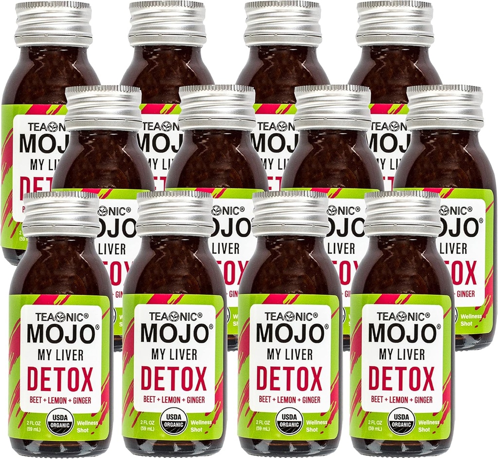 TEAONSKA Moja jetra Mojo: Detox, Wellness Mojo Shots s črnim poprom, Beet, in limonin sok, USDA-Certified, Kofein brezplačno, Gluten-free, 2 Fl. Oz vsak, pakiranje po 12