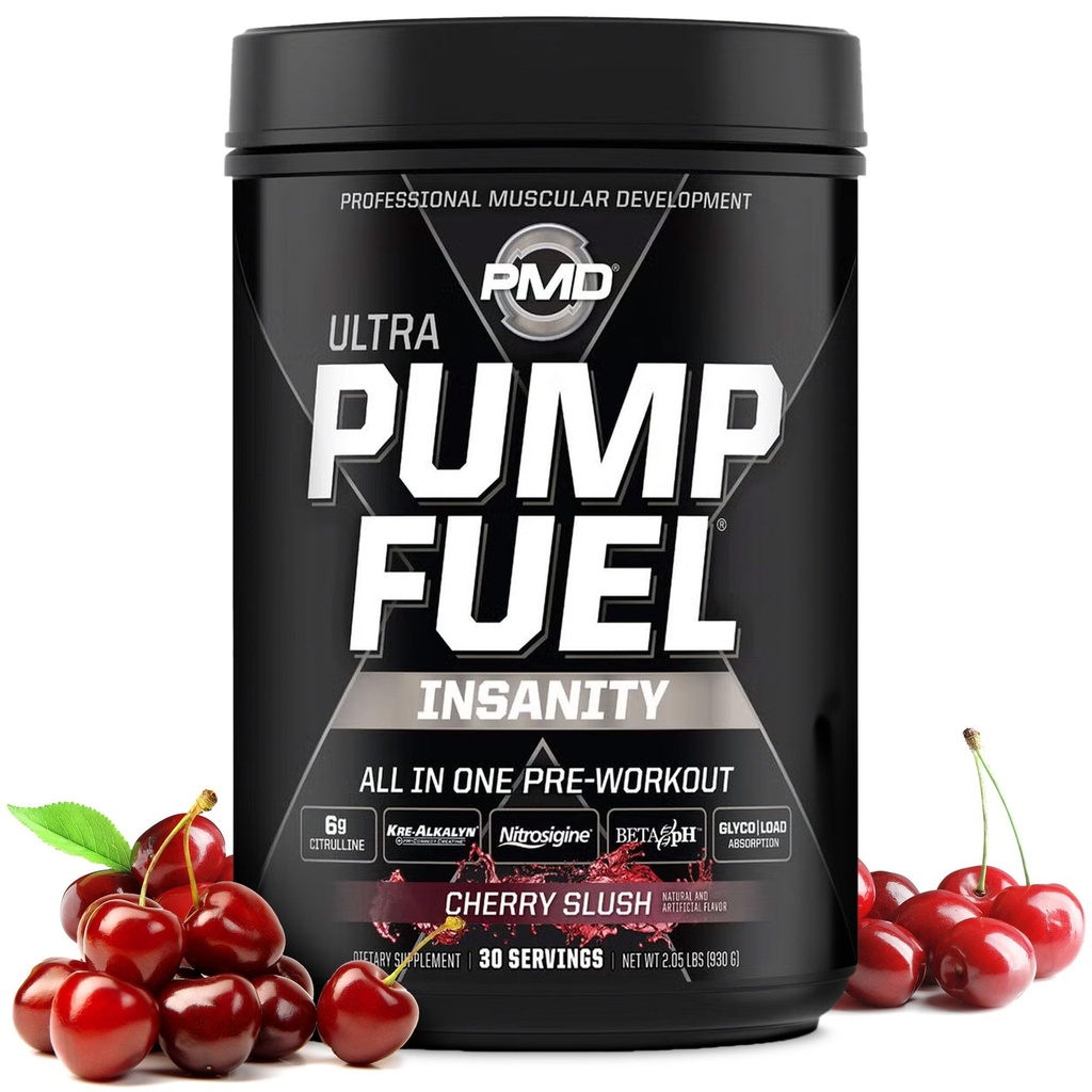 PMD športna črpalka Ultra Insanity - Premium Preworkout Powder & Muscle Pump, večji poudarek, vzdržljivost in okrevanje, Premium Kreatin, Arginin & Beta Alanine - Cherry Slush (30 strežnikov)