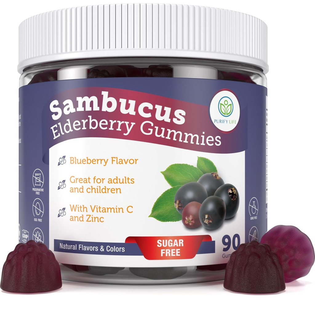 Čiščenje Life Sugar-free Elderberry Gumies z vitaminom C & cink za odrasle in otroke, Imunska podpora dodatek za zdravje dihal, Sambucus Elderberry Antioksidant Gumies - Vegan, 90 Count