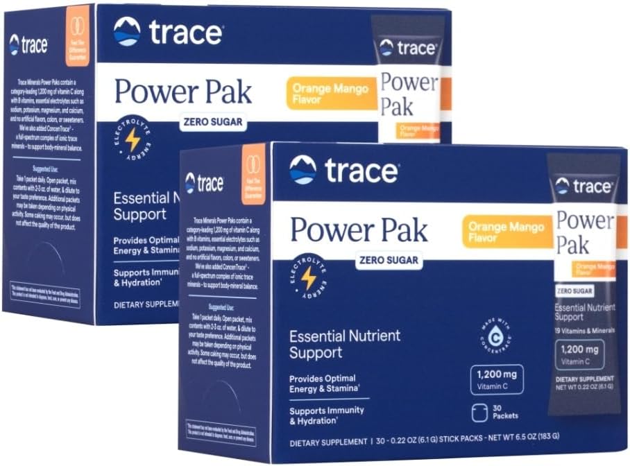 Trace Minerals Power Pak Multivitaminski in multimineralni paketi - podpora za elektrolite - 1200 mg Vitamin C plus 70+ Trace Minerals - Brez sladkorja - Oranžna Mango Flavor - 60 Packets