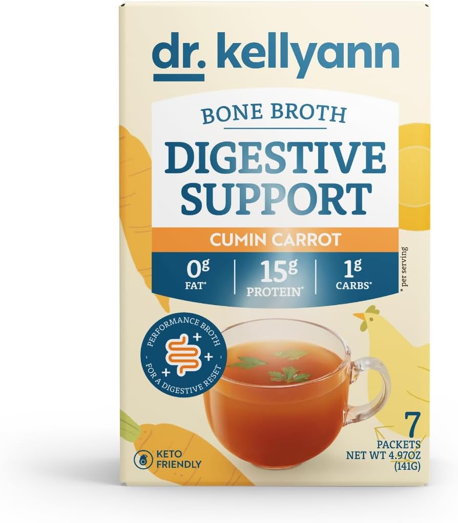 Dr. Kellyann Bone Broth + Digestive Support Collagen Powder Packets (7 Servings, 1 Box), 16g beljakovine/serving, 100% travnato hranjen kolagen prašek, Keto & Paleo prijazno - Kumina korenček