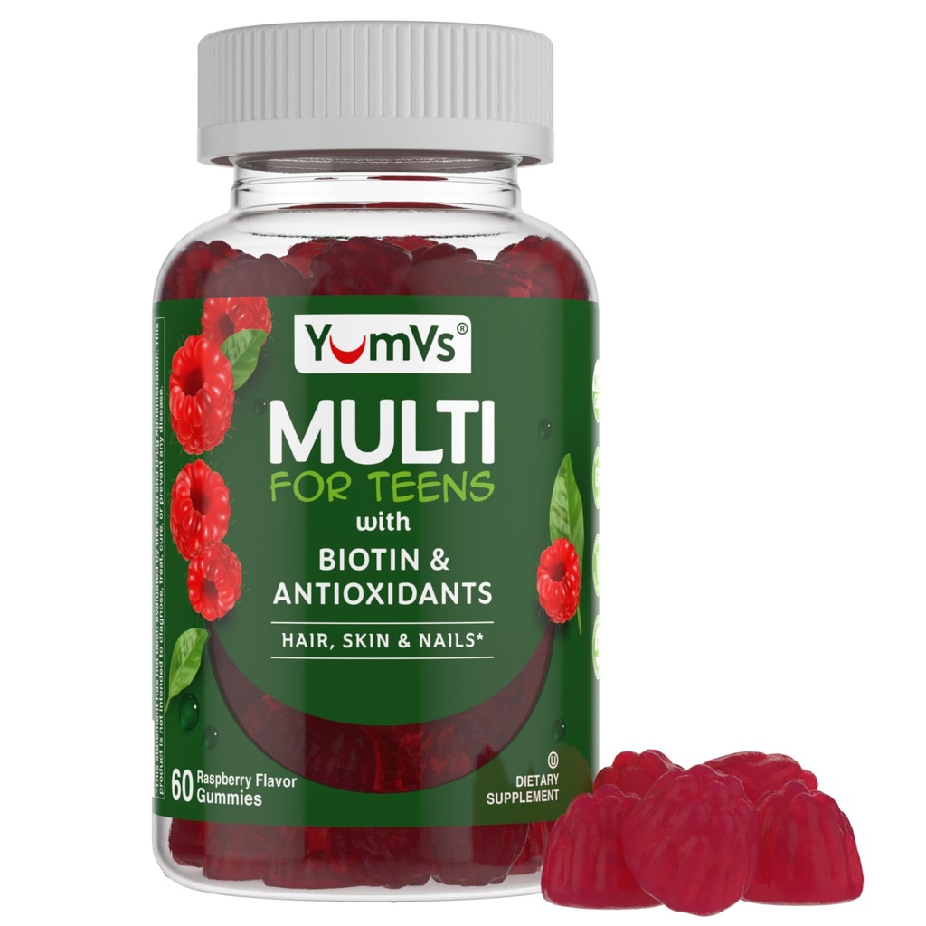YumVs Teen multivitaminski žvečilni gumiji z biotin in antioksidanti - Raspberry Flavor - Košir Najstniški vitamini za fante in dekleta 12-17 - Teen Gummy Multi Vitamin (60 Count)