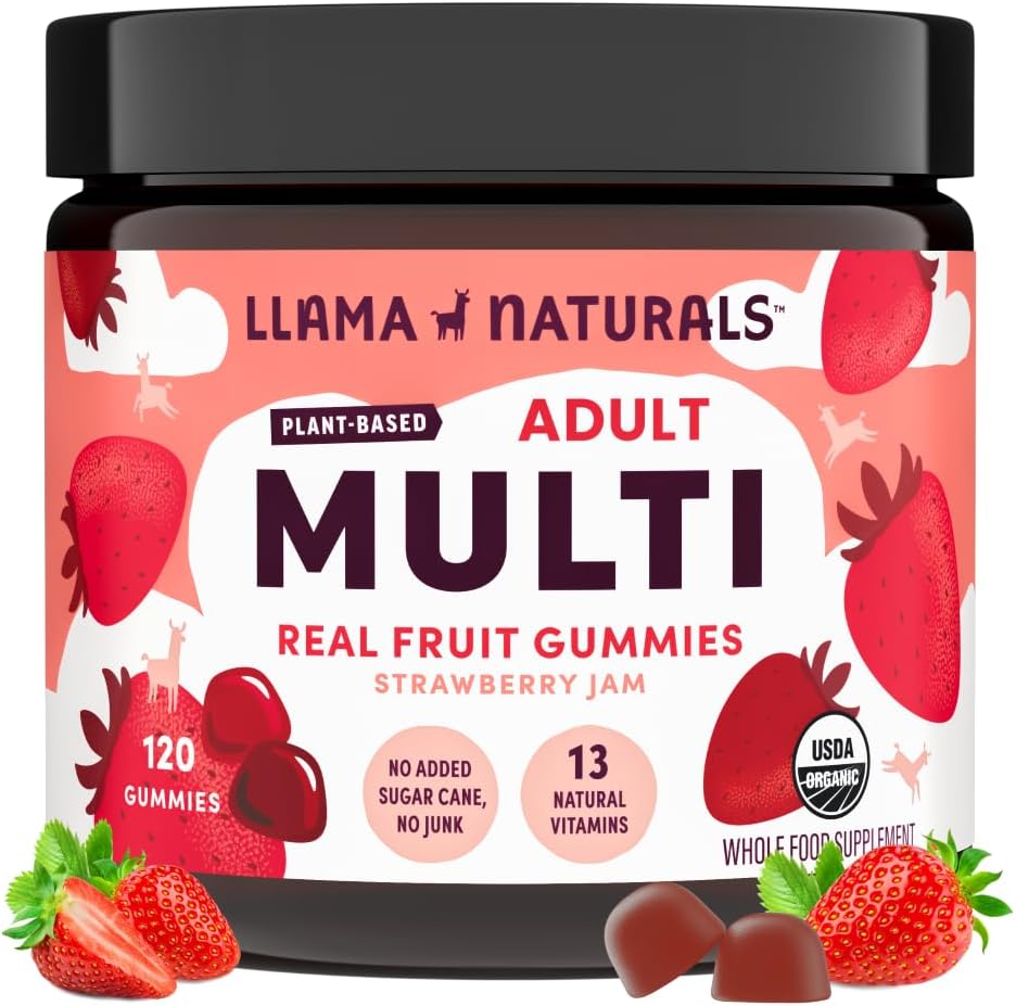 Llama Naturals Multivitamín za ženske in moške, Vegan, Organski Gumiji z vitaminom D, C & K, Odrasli Pravi sadni Gumi Vitamini, Žvečljivi multivitaminski dodatek, Brez dodanega sladkornega trsa, Jagoda, 120 Ct