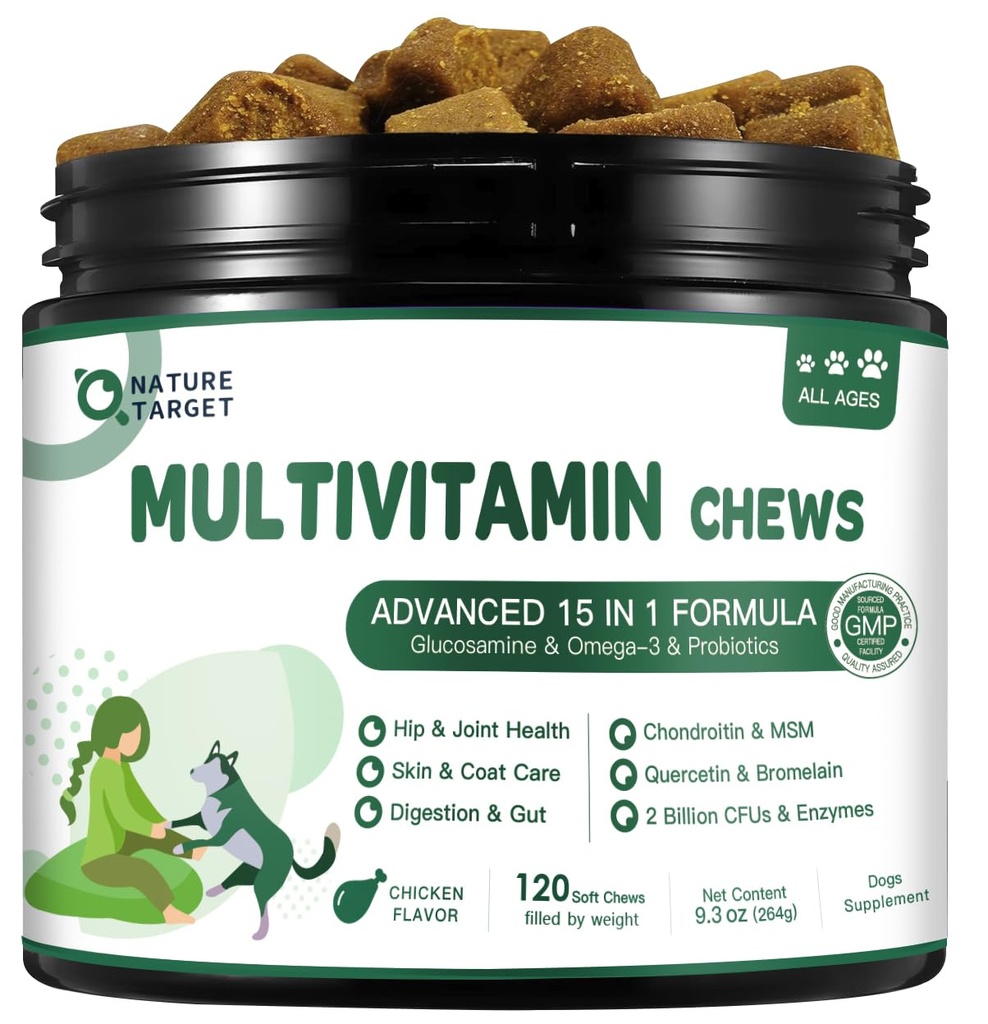 NATURE TARGET Multivitaminski za pse - z MSM & Glukozamin, Omega 3 & 6, Probiotiki za prebavno zdravje, skupno podporo, kožo in plašč, imunski sistem in splošno zdravje 120 mehkih žvečil