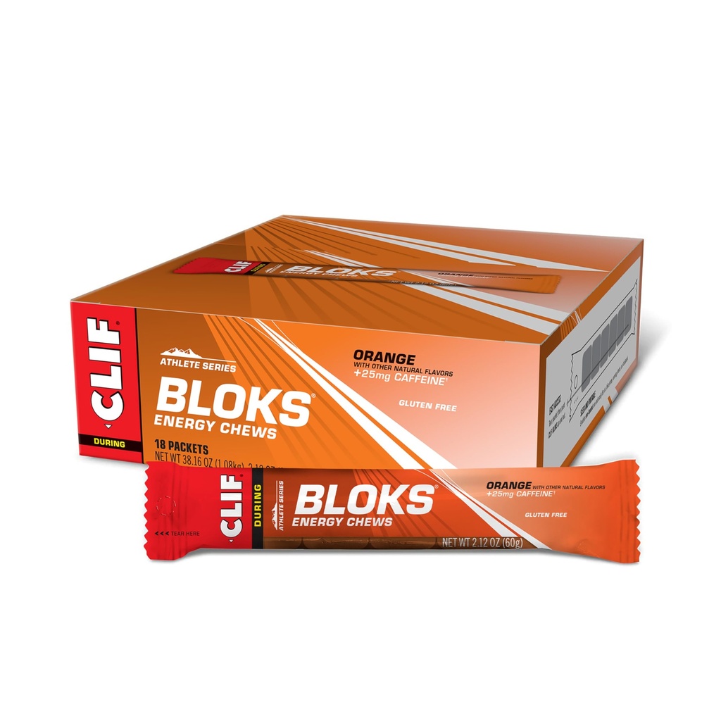 CLIF BLOKS - Oranžna aroma s kofeinom - energijski žveči - Ne-GMO - Rastlinska osnova - Hitro gorivo za kolesarjenje in tek - Hitri ogljikovi hidrati in elektroliti - 2,12 oz. (18 grof)