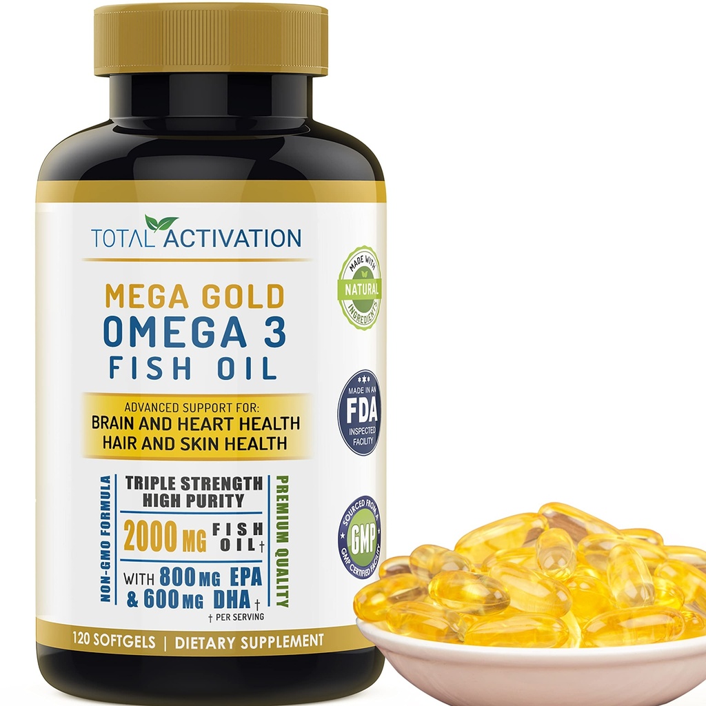 Omega 3 ribje olje dodatek – 2000mg z EPA DHA & vitamin E – Burpless, Trojna moč podpora za moške in ženske – 120 Easy Pogoltnite softgels