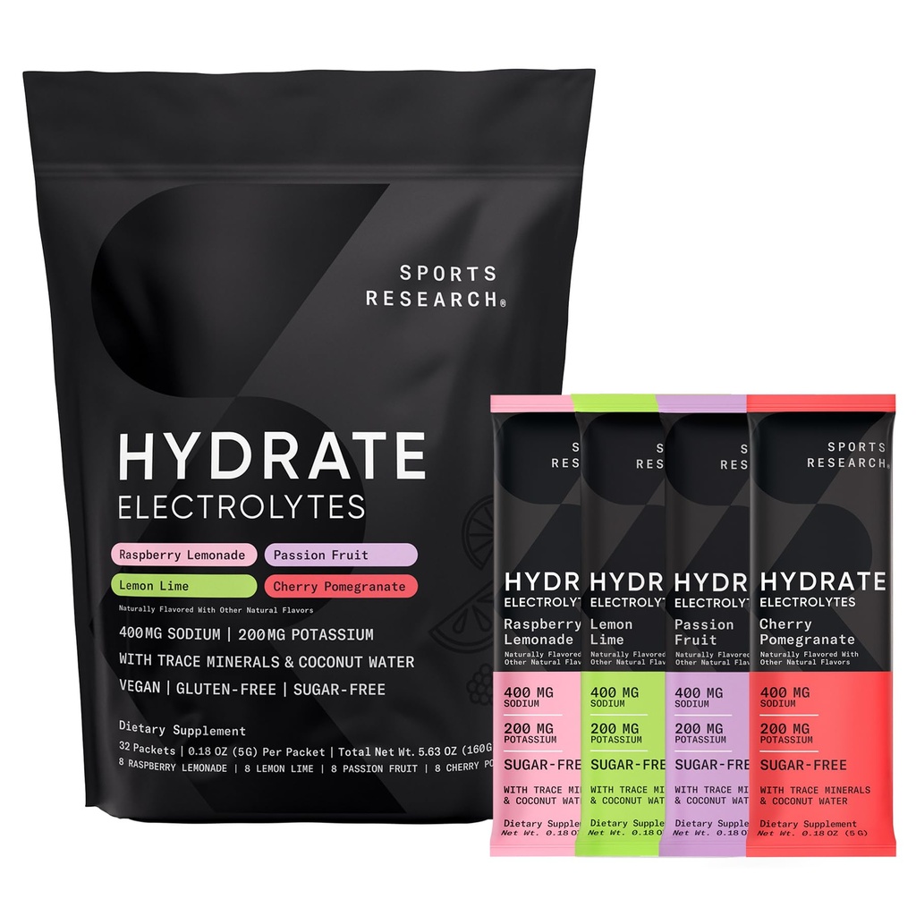 Sports Research® Hydrate Electrolytes Powder Packets - brez sladkorja in naravno aromatiziran z vitamini, minerali in kokosovo vodo - Podpira Hidracija - 32 Paketi - Variety Pack