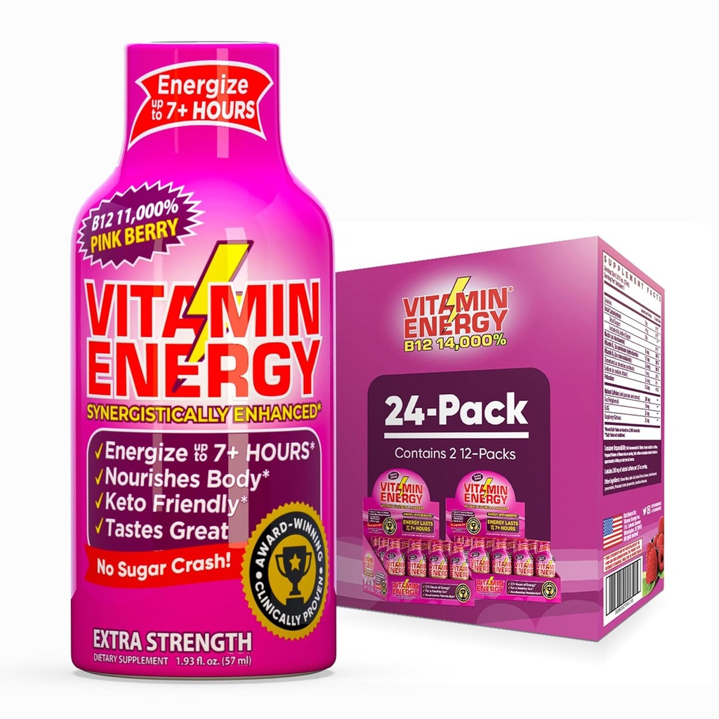 Vitamin Energija B12 11.000% Dodatna moč Energija Shot Pink Berry 24 Pack, 260mg Naravni kofein, B12 & B6, Nootropni fokus, Vitalnost, Nič sladkorja, Gluten-free, Vegan, Košir, 1,93 fl oz