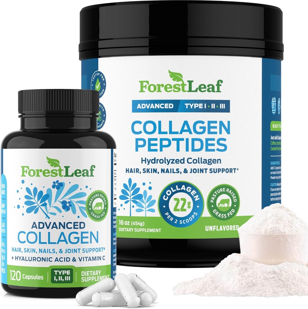 GozdLeaf Collagen dopolnila paket - 2 v 1 Hidralizirani kolagen peptidi v prahu in kolagen tablete - Grass Fed govedo kolagen za ženske in kolagen za moške