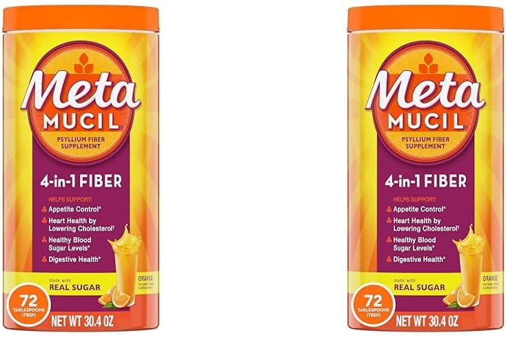 Metamucil Fiber, 4-v-1 Psyllium Fiber Dopolnilo v prahu s pravim sladkorjem, oranžna gladko aromatizirana pijača, 72 Servisi (Packing May Vary), Coarse Texture, 1.9 Pound (Pack z 2)