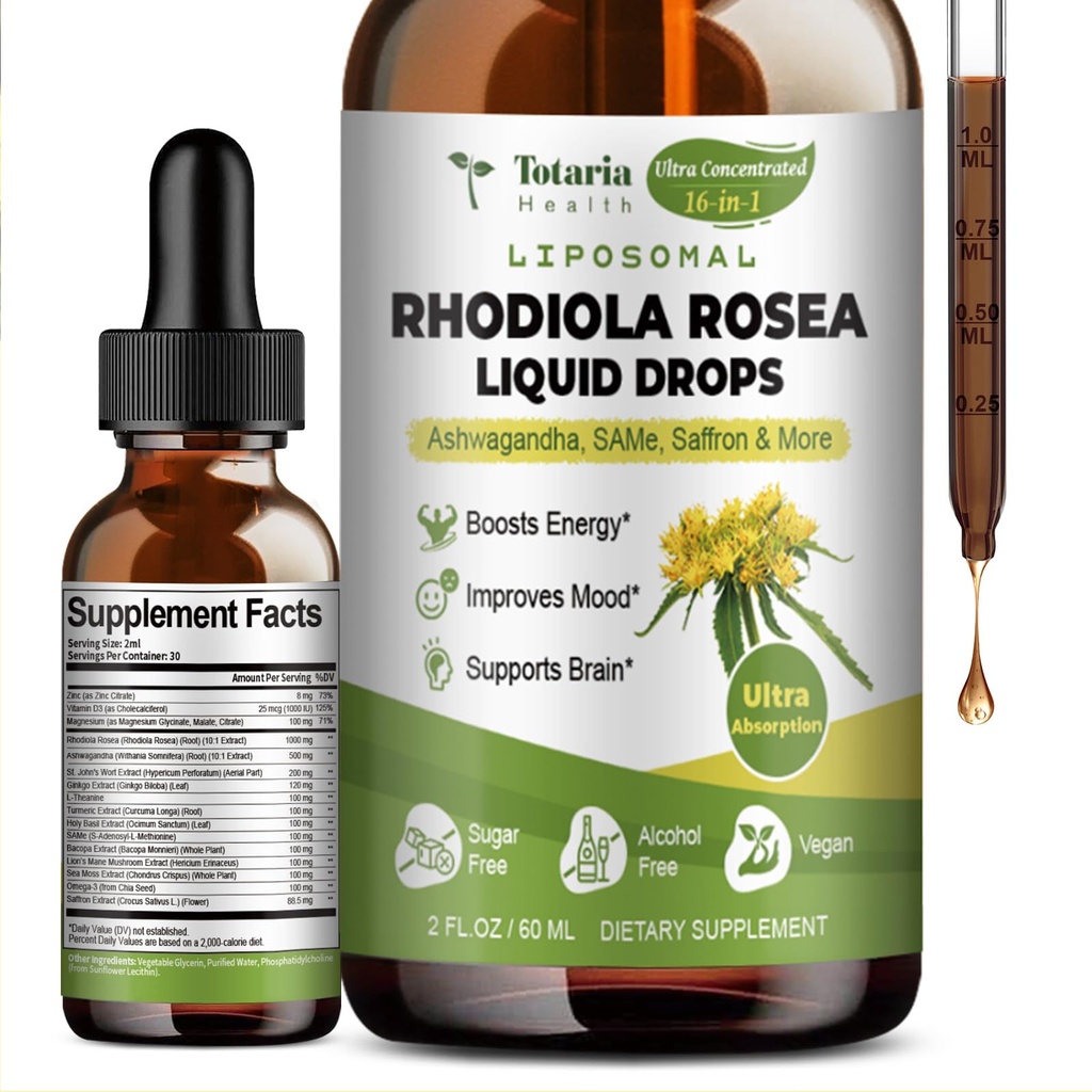 Totarija 16-v-1 Liposomska Rhodiola Rosea Tinktura, Ultra Jakost Rhodiola Dodatek w/Ashwagandha, Žafran, Magnezij, SAM-e, Rhodiola Rosea Ekstrakt Tekoče kapljice za naravno sprostitev, Mood, Energija