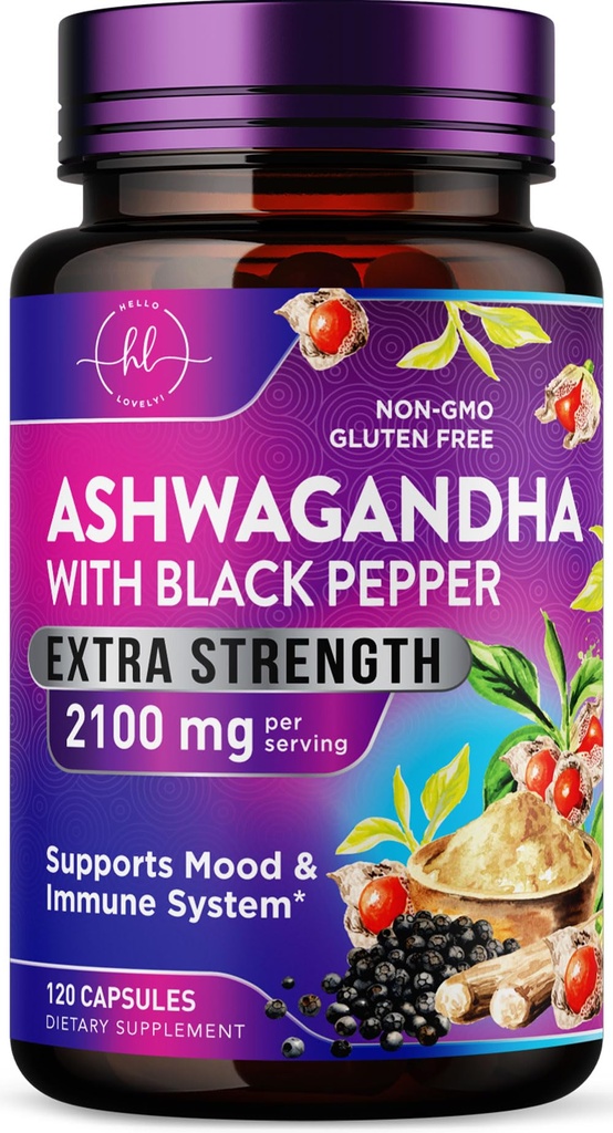 Ashwagandha 2,100 mg - Ashwagandha dodatki za ženske v vegetarijanskih kapsulah s praškom in korenskim izvlečkom, črni poper za visoko absorpcijo, na rastlinski osnovi, ne-GMO, ustekleničen v ZDA - 120 Veggie kapsul