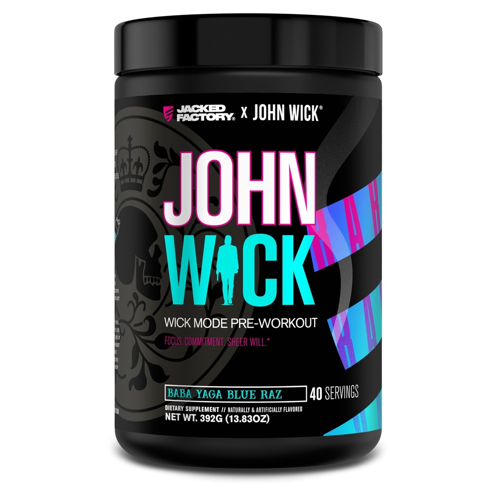 Jacked Factory X John Wick - Wick Mode Pre Workout Powder - intenzivna energija, bojno pripravljen fokus, neustavljiva zaveza in čista volja - 40 Serving, Baba Yaga Blue Raz