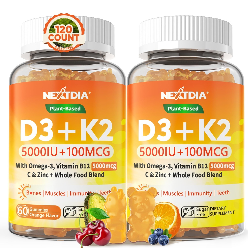 Vitamin D3 K2 Gumies 5000 i.e. / 10.000 i.e. z Omega-3 250mg + K2(MK-7) 100mcg - 5X Absorpcija kot standard D3K2, z vitaminom C, cinkom in 5 organskimi zelenjavami,podpora kost in moč zob, Imunska