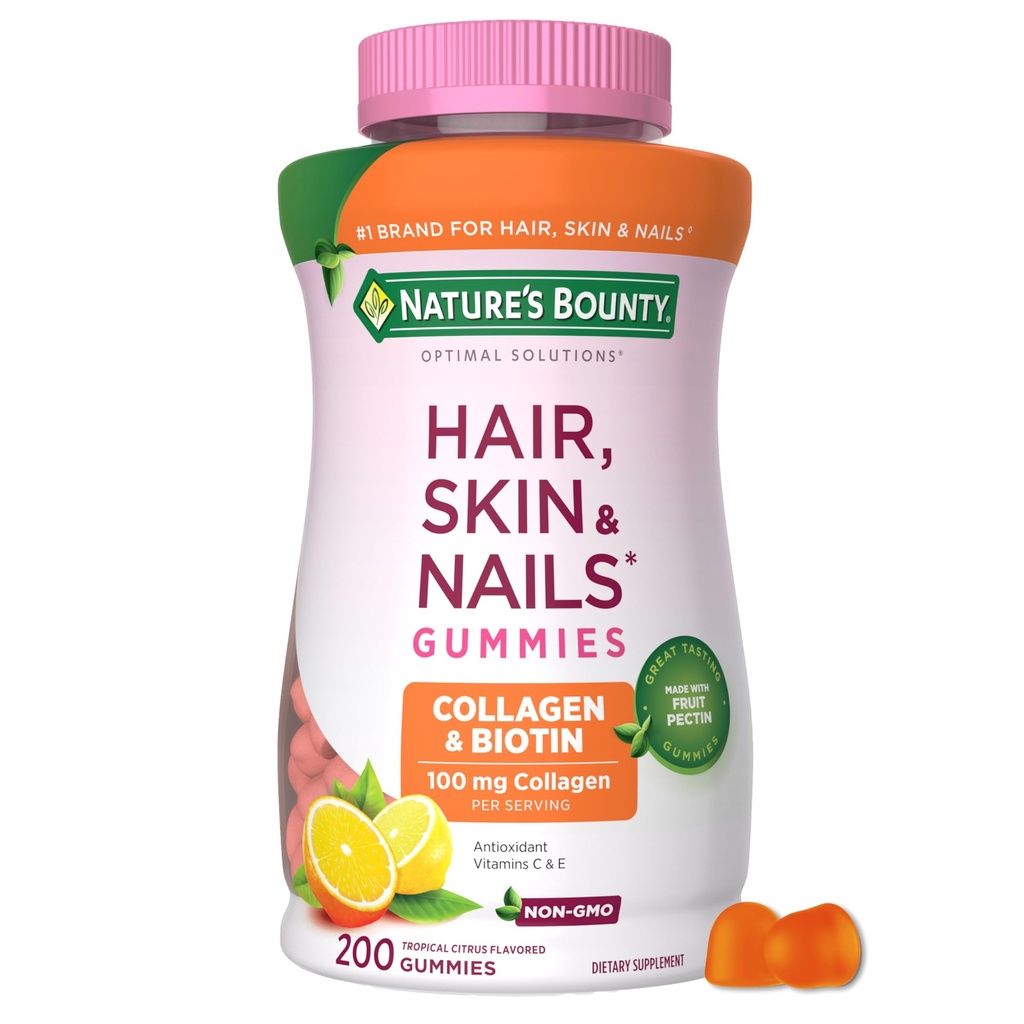 Narava Bounty Optimalne rešitve Lasje, koža in nohti Kolagen pektin Gummies, 100 mg kolagen in 2.500 mcg Biotin na strežbo, brez palčke Gummy, Tropical Citrus Flavor, 200 ct, 100 Skupaj služijo