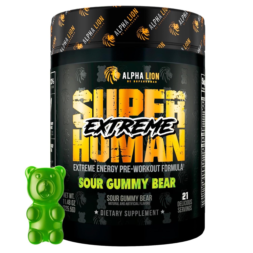 ALPHA LION Superhuman Extreme High Stim Pre Workout Powder, Beta Alanine, L-Taurine & 356mg Tri-Source Caffeine za trajno energijo, dušikov oksid in citrulin za črpalko (21 Serving, Sour Gummy Bear)