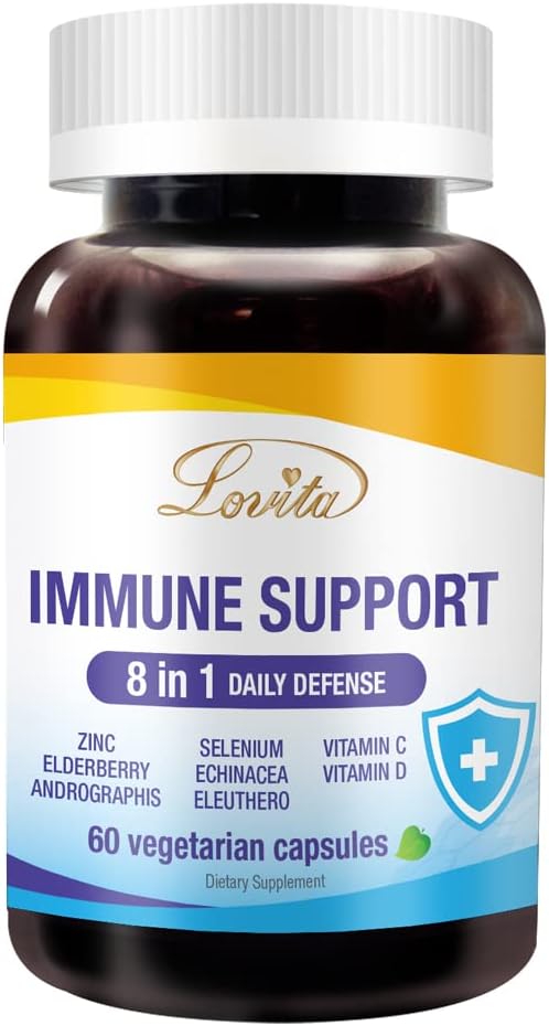 Lovita Imunska podpora 8 v 1, Elderberry z cinkom in vitaminom C, vitaminom D, selenom in echinacea, andrographis, Sibirski ginseng - Immune Booster dodatek, 60 Vegetarijanske kapsule