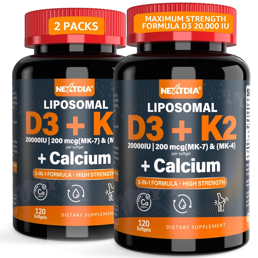 Vitamin D3 20.000 i.e. + K2 Vitamin (MK4 & MK7) 200mcg + kalcijev citrat, optimalni vitamin D3 K2 Mehkogel - močna kost in mišica, kalcijeva absorpcija, pomoč pri pomanjkanju vitamina D, enostavno požiranje, 2Pack