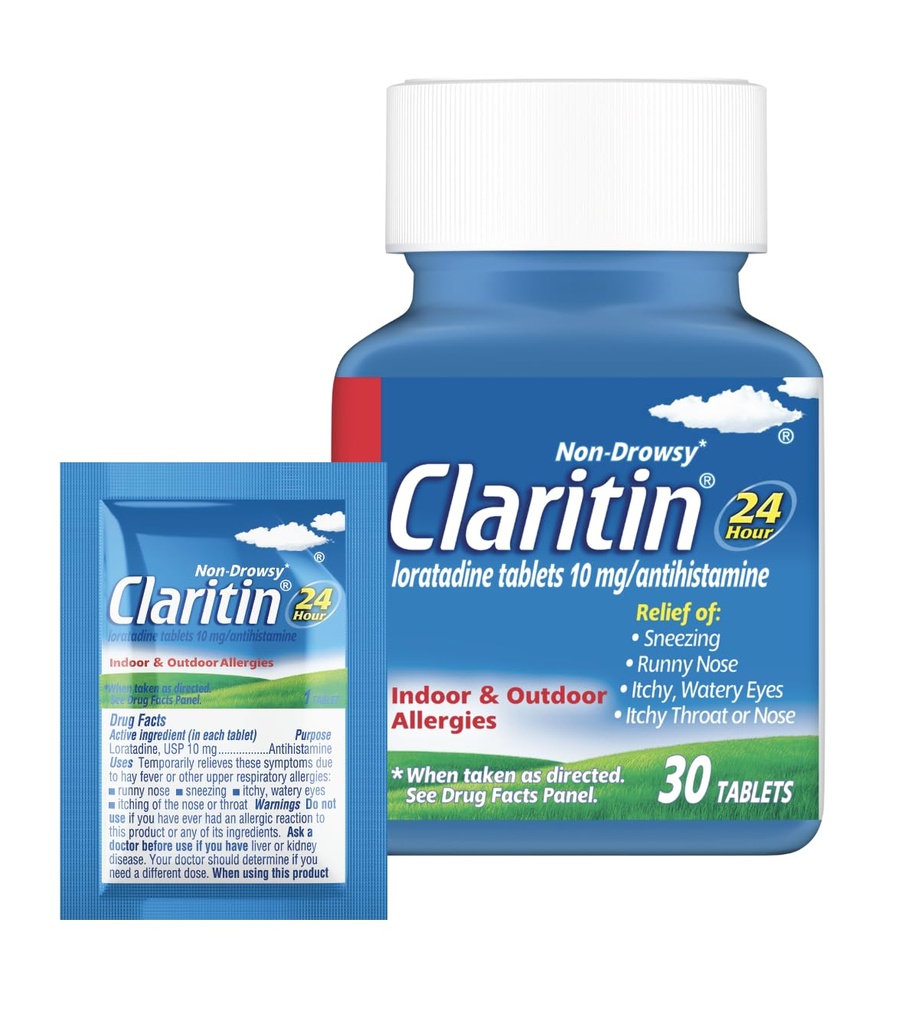 Klaritin Alergija Medicina za odrasle, 24-urna ne-zasoplost Loratadin 10 mg tablete, antihistaminik, 30 tablet + 1ct On-The-Go Relief