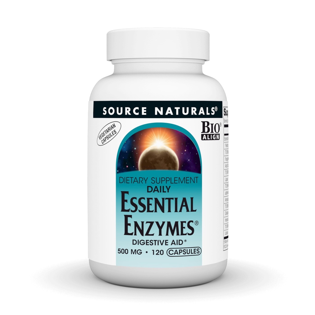 Vir Naturals Essential Enzymes 500mg Bio-Uvrščeni več Encim dopolnilo Zeliščna obramba za prebavljanje, plin, zaprtje in napihnjenost - podpira imunski sistem* - 120 vegetarijanske kapsule
