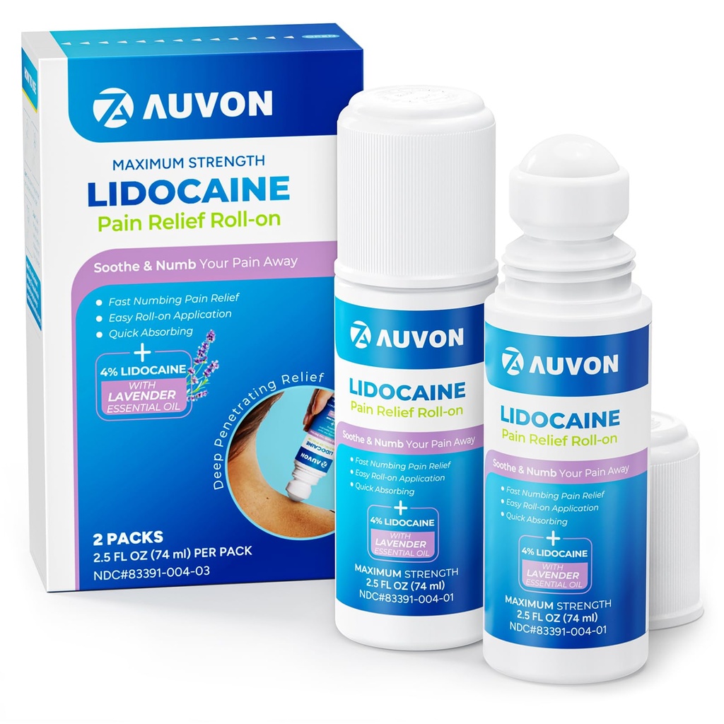 AUVON Max Jakost Lidokain Pain Relief Roll-On z sivkasto eterično olje, brez Mess Aplicator, Hitra absorpcija Numb & Soothe Pain Relief za kolena, ramena, FSA/HSA upravičen, 2,5 OZ, 2 pakiranja